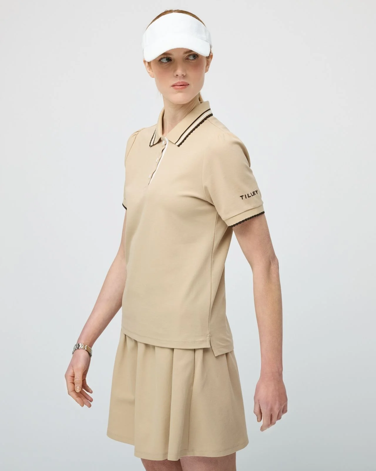 Womens Preppy Pique Puff Sleeve Polo Tan/Chocolate - Image 5